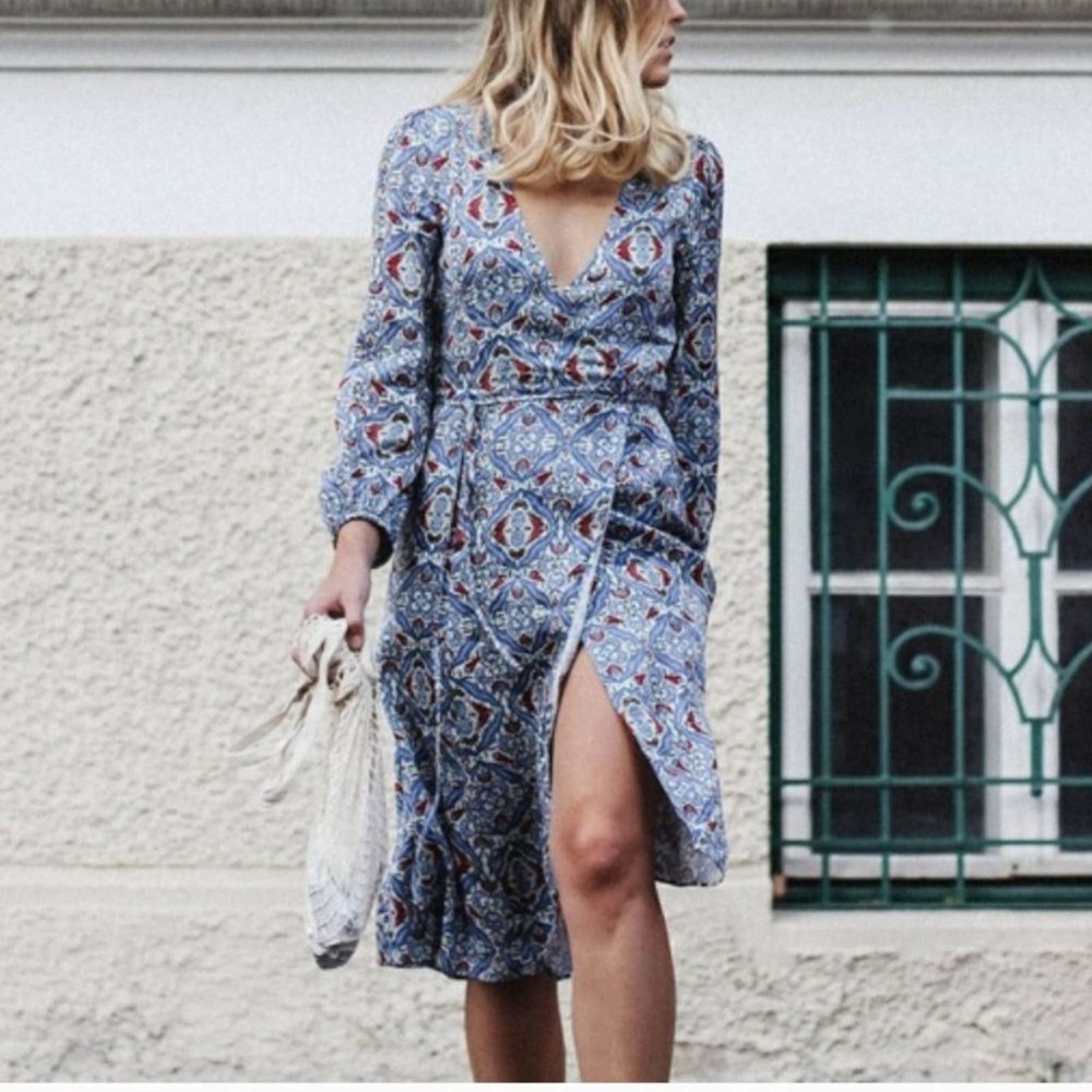 Zara Blue Red Jacquard Paisley Shimmer Midi Casual Maxi Dress